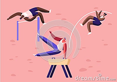 High Jump, over Barrier and with Pole, Exercise on Vaulting Horse. Olympic Games Sports Competition, Championship Vector Illustration