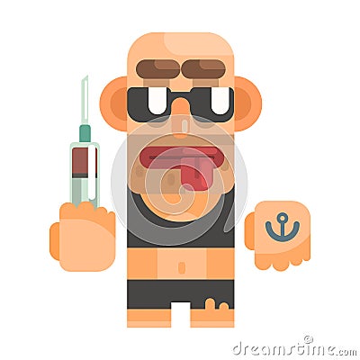 High Junkie With Drug Syringe, Revolting Homeless Person, Dreg Of Society, Pixelated Simplified Male Vagabond Character Vector Illustration