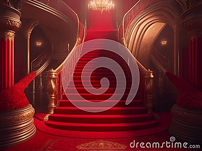 High luxury red car parked in Red glowing carpet and ceremonial VIP staircase, close up. VIP luxury entrance with red carpet Stock Photo