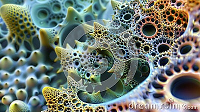 A high magnification image of bioinspired nanomaterials resembling tiny pollen grains with intricate patterns on their Stock Photo