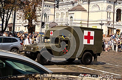 High Mobility Multipurpose Wheeled Vehicle HMMWV or Humvee ambulance vehicle. After the official part Editorial Stock Photo