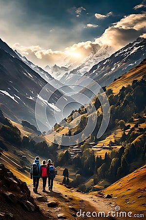 High mountains valley backpackers travel trekking path scenic landscape Stock Photo