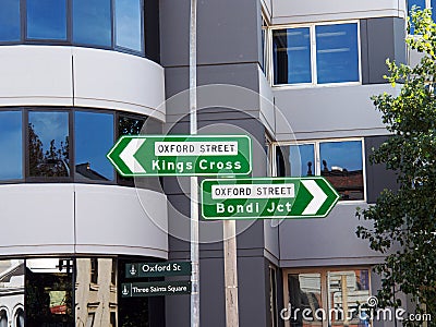 Oxford Street Kings Cross and Bondi Junction Road Signs, Sydney, Australia Stock Photo