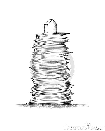 High paper stack with a small house on top Stock Photo