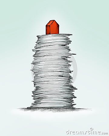 High paper stack with a small house on top Stock Photo