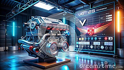 High-performance automobile engine displayed in a futuristic workshop. Generative AI Stock Photo