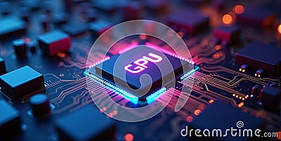 High-performance gpu processor mounted on advanced technological motherboard circuitry Stock Photo