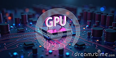 High-performance gpu processor mounted on advanced technological motherboard circuitry Stock Photo