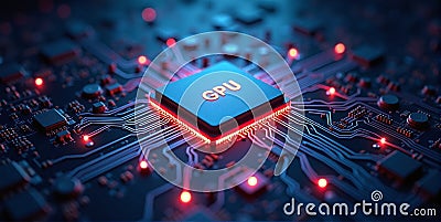 High-performance gpu processor mounted on advanced technological motherboard circuitry Stock Photo
