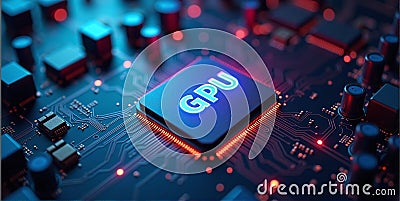 High-performance gpu processor mounted on advanced technological motherboard circuitry Stock Photo