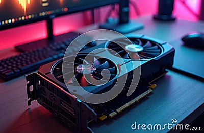 High-performance graphics card for gaming, crypto mining. Modern tech setup for pro use. Stylish, powerful computer components. Stock Photo
