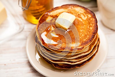 High pile of delicious pancakes Stock Photo