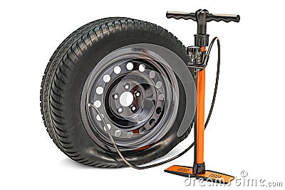 High pressure hand pump with puncture car wheel. 3D rendering Stock Photo