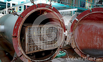 High-pressure processing or high hydrostatic pressure machine for food product. Metal tank in food manufacturing factory. Food Stock Photo