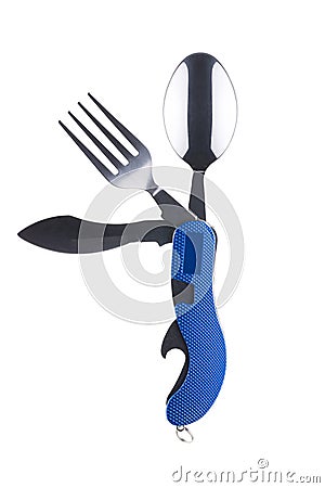 High quality black and blue eating utensil multi-tool unfolded Stock Photo