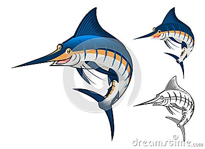 High Quality Blue Marlin Cartoon Character Include Flat Design and Line Art Version Vector Illustration