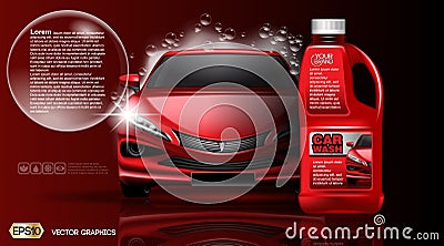 High quality Car wash Product packadge mock up ads. Bottle of carwash soap. 3d Vector realistic vehicle template. Vector Illustration