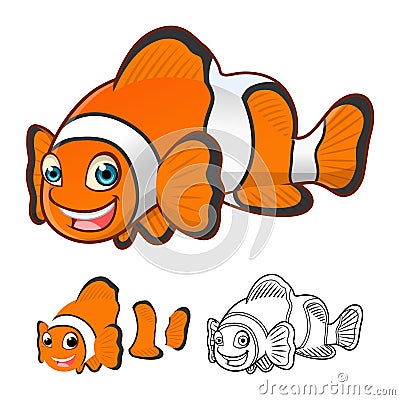 High Quality Common Clownfish Cartoon Character Include Flat Design and Line Art Version Vector Illustration