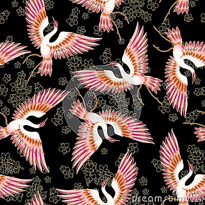 High quality crane japanese seamless pattern with graphic elements for printing on fabric Stock Photo