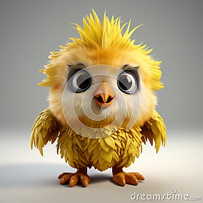 High-quality 3d Model Of A Little Yellow Chicken With Intense Gaze Stock Photo