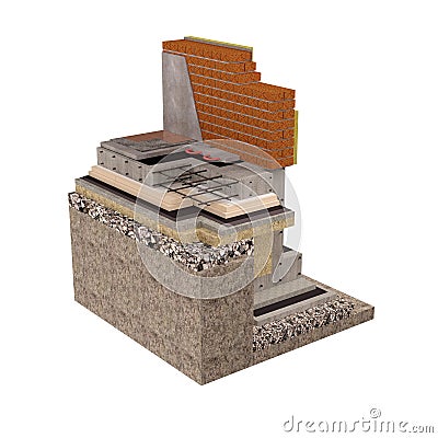 High quality 3d render computer image of foundations and walls with insulation of the house. Stock Photo