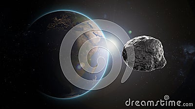 High-Quality 3D Rendering of Asteroid YR4 Approaching Earth - Hyper-Realistic Space Render Stock Photo