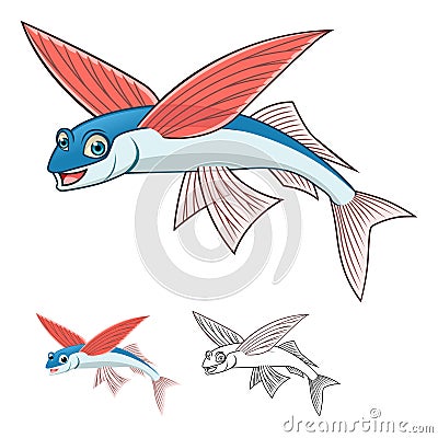 High Quality Flyingfish Cartoon Character Include Flat Design and Line Art Version Vector Illustration