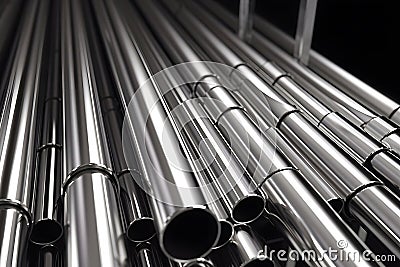 high quality Galvanized steel pipe or Aluminum and chrome stainless pipes in stack waiting for shipment in warehouse Stock Photo