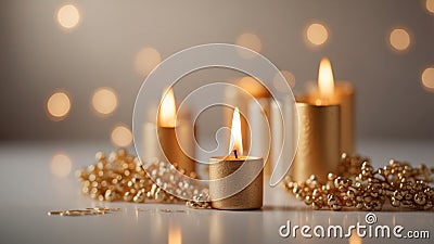 A high-quality, golden candle placed on an empty white surface with soft lighting casting gentle shadows, creating a Stock Photo