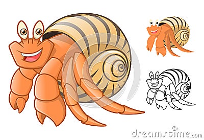 High Quality Hermit Crab Cartoon Character Include Flat Design and Line Art Version Vector Illustration