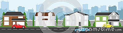 High quality horizontal background of cityscape with houses, trees, cars, road, and city silhouette. Simple 2d background for game Vector Illustration