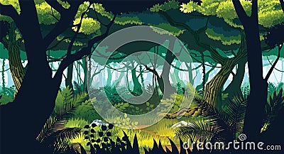 A high quality horizontal seamless background of landscape with deep jungle. Vector Illustration