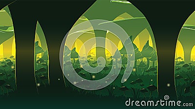 A high quality horizontal seamless background of landscape with deep mushroom forest. Vector Illustration