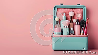 beauty routine concept banner featuring a variety of skincare tools and products on a soft pink background in a toolbox Cartoon Illustration