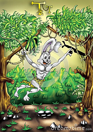 High quality Illustration of bunny rabbit Tarzan and Jane, cover, background, wallpaper Cartoon Illustration