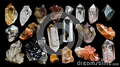 Collection of assorted crystals on black background. Stunning natural stones in various shapes and colors. Perfect for Stock Photo