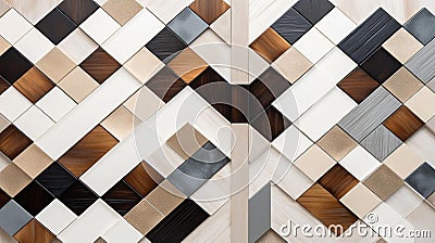 Meticulously Arranged Ceramic Tiles in Earth Tones on White Wall Stock Photo