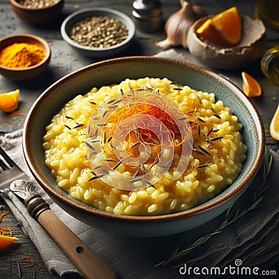 perfectly cooked bowl of risotto with saffron.HD food image Stock Photo