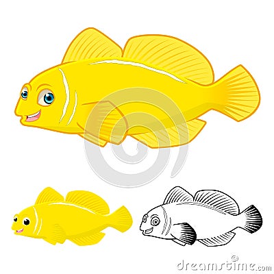 High Quality Lemon Goby Fish Cartoon Character include Flat Design and Line Art Version Vector Illustration