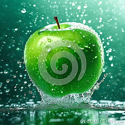 High quality macro shot of a green apple falling in the rain, water drops on the apple Stock Photo
