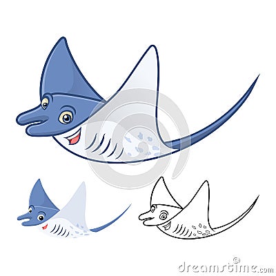 High Quality Manta Ray Cartoon Character Include Flat Design and Line Art Version Vector Illustration