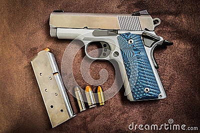 High-quality metal automatic carbine with ammunition of various calibers Stock Photo