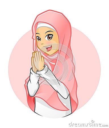 High Quality Muslim Girl Wearing Pink Veil with Welcoming Arms Vector Illustration