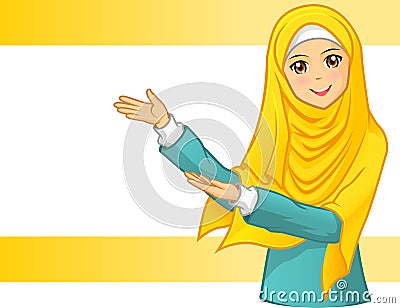 High Quality Muslim Woman Wearing Yellow Veil with Invite Arms Vector Illustration