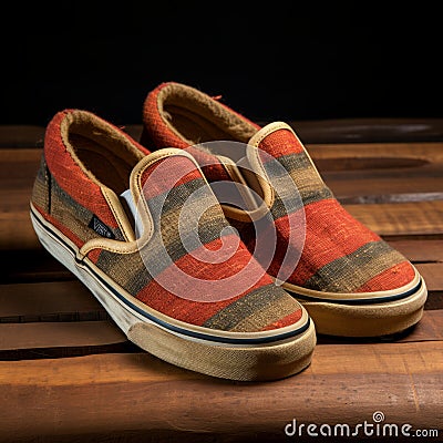 Vans Slip On: Red And Brown Yarns, Hemp Stripes, Rust - 1970s Style Stock Photo