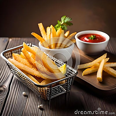 Crispy French Fries Temptation: Golden Perfection in Every Bite by generative AI Stock Photo