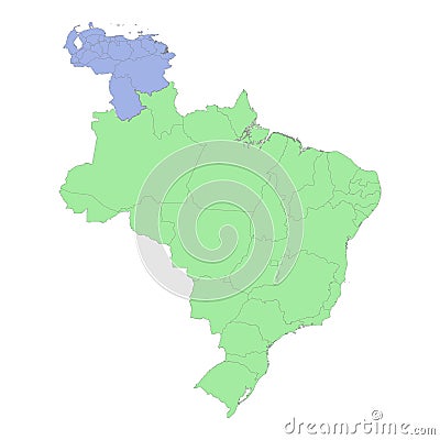 High quality political map of Brazil and Venezuela with borders of the regions or provinces Vector Illustration
