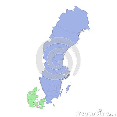 High quality political map of Sweden and Denmark with borders of the regions or provinces Vector Illustration