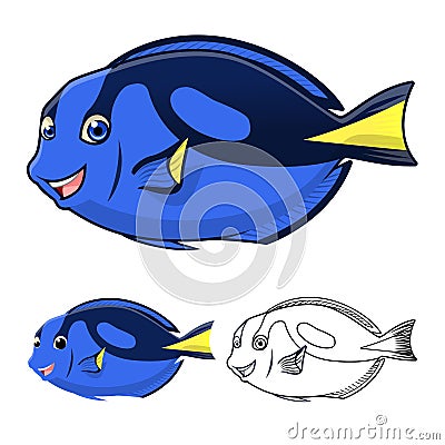 High Quality Regal Blue Tang Cartoon Character Include Flat Design and Line Art Version Vector Illustration