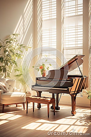 Vintage Piano in Stylish Living Room with Artistic Decor Stock Photo